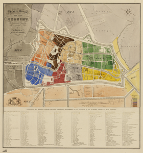 216036 Plattegrond van de stad Utrecht met directe omgeving; met weergave van het stratenplan met bebouwingsblokken en ...